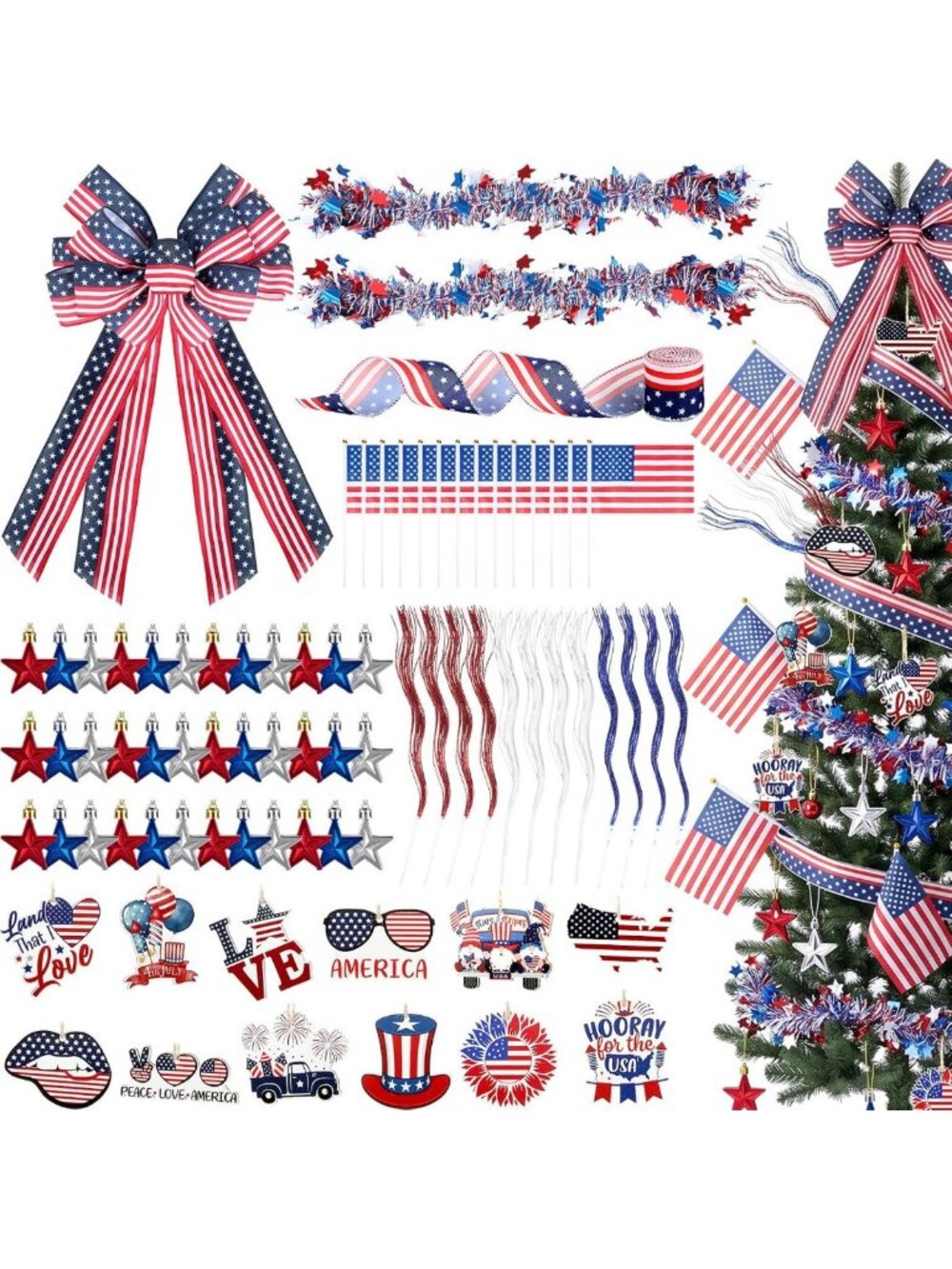 118 Pcs Patriotic Tree Decorations Set - Stars, Stripes & Festive Ornaments